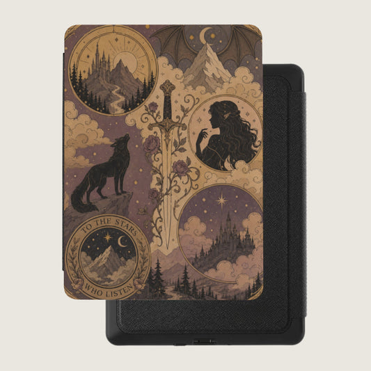 Fantasy art cover with wolf, castle, elf, sword, and text.