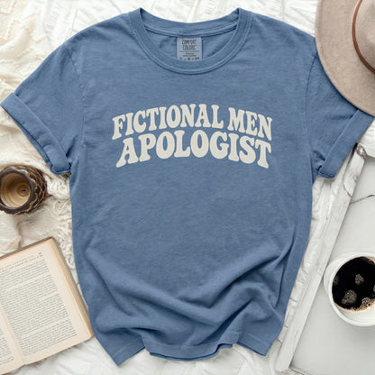 Blue t-shirt with "Fictional Men Apologist" text, Comfort Colors tag.