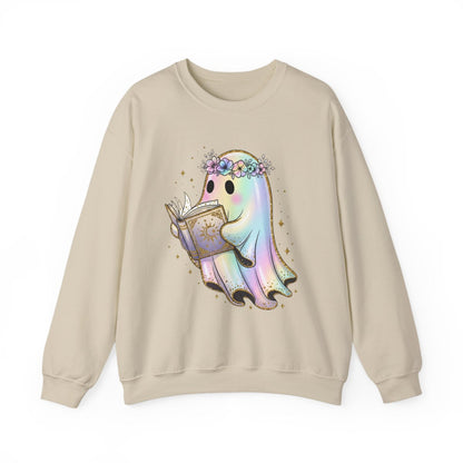 Reading Ghost with Floral Crown Fantasy Art Sweatshirt - MagicMerchEmporium
