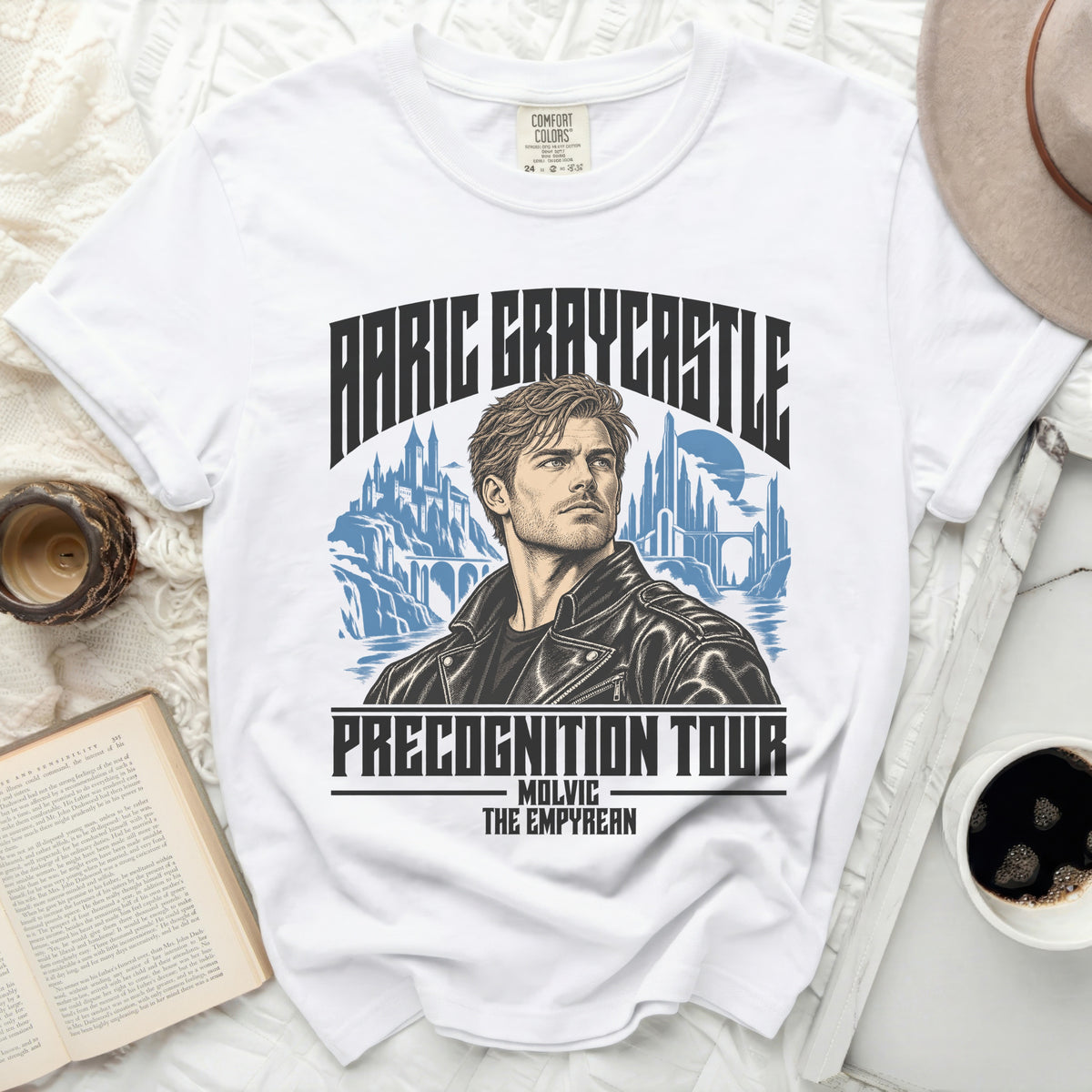 White t-shirt with "KARIC GRAYCASTLE PRECOGNITION TOUR" graphic.