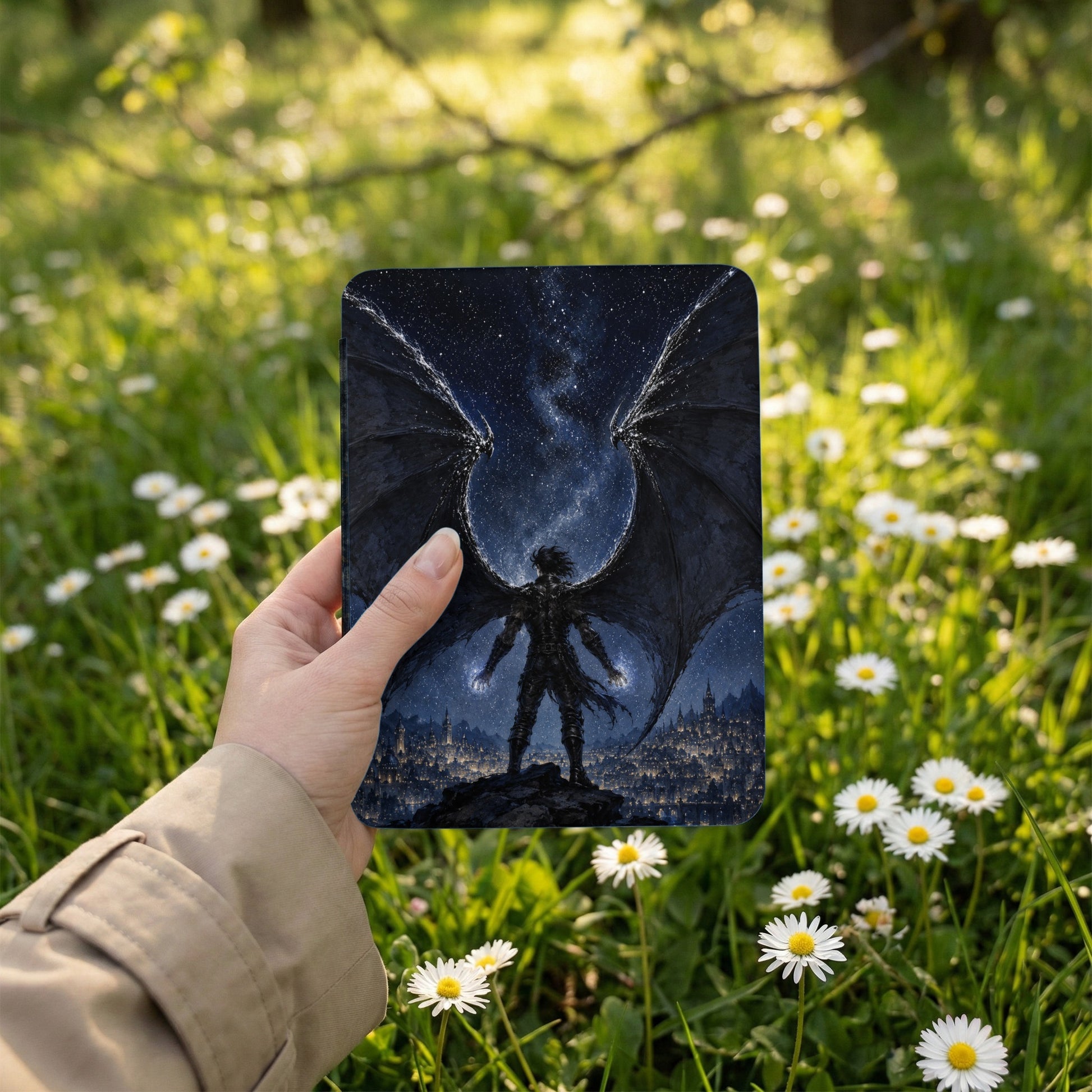Winged figure overlooking city under starry sky on a book cover.