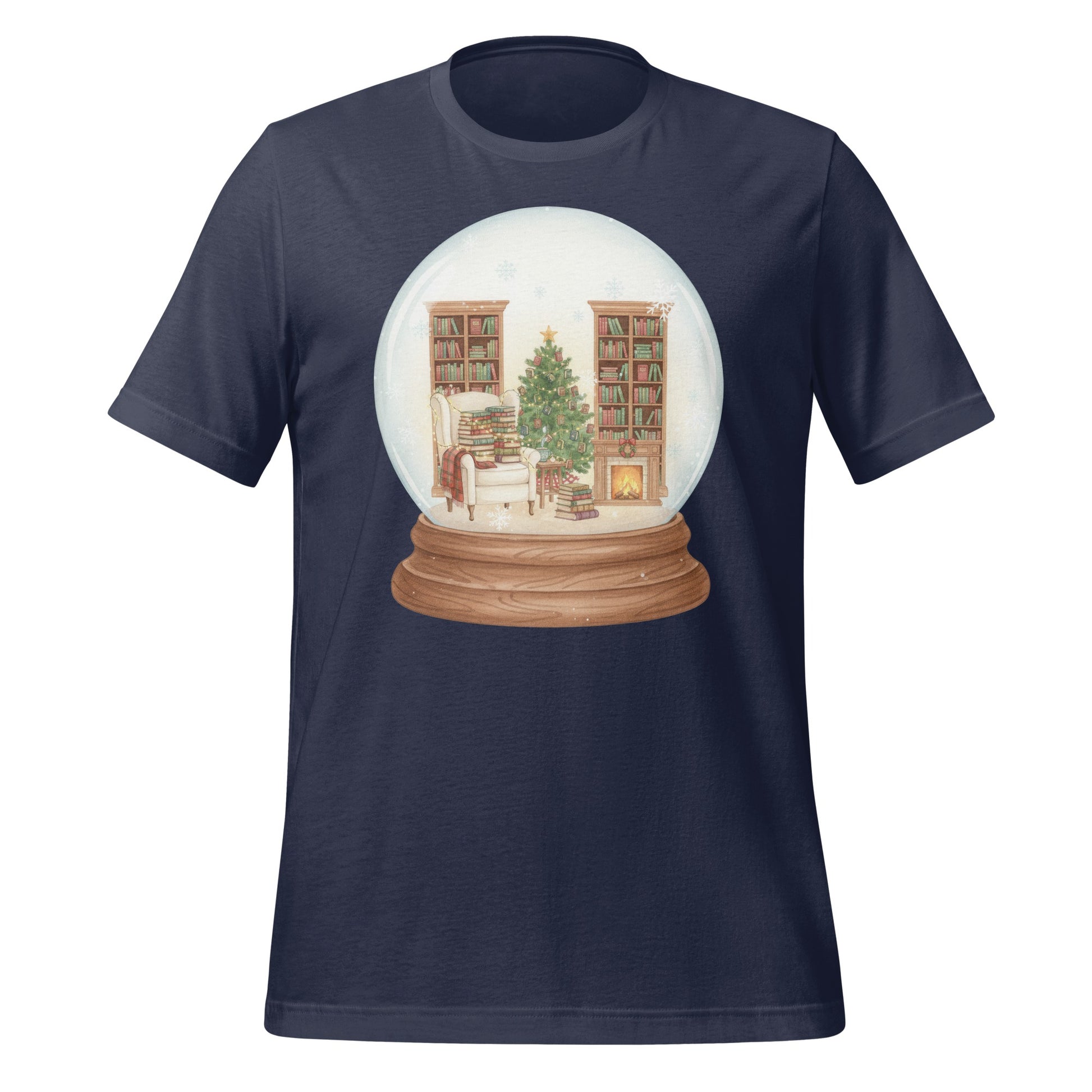 Cozy Snow Globe Library Scene on T-shirt