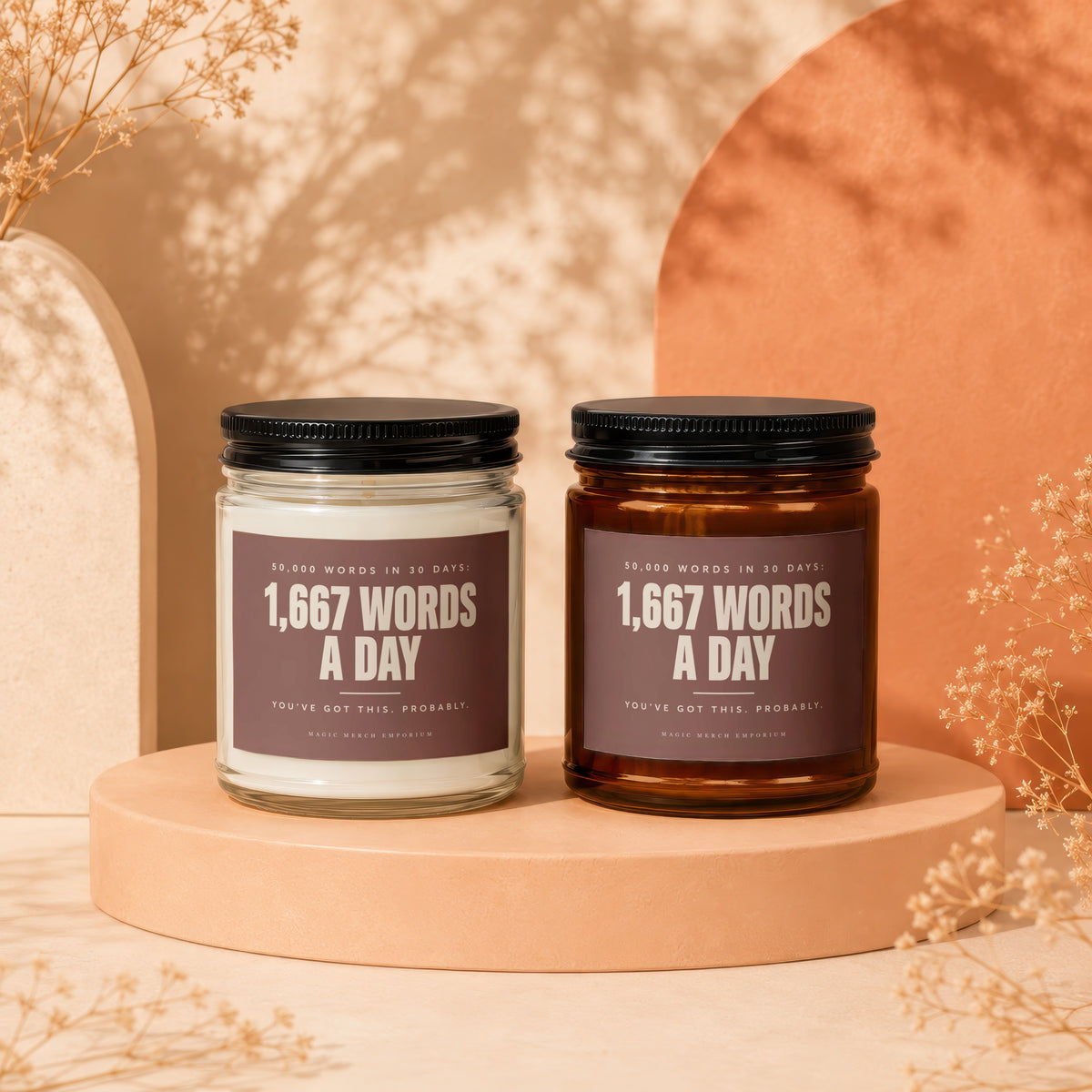 Two candles labeled "1,667 Words A Day" are displayed.