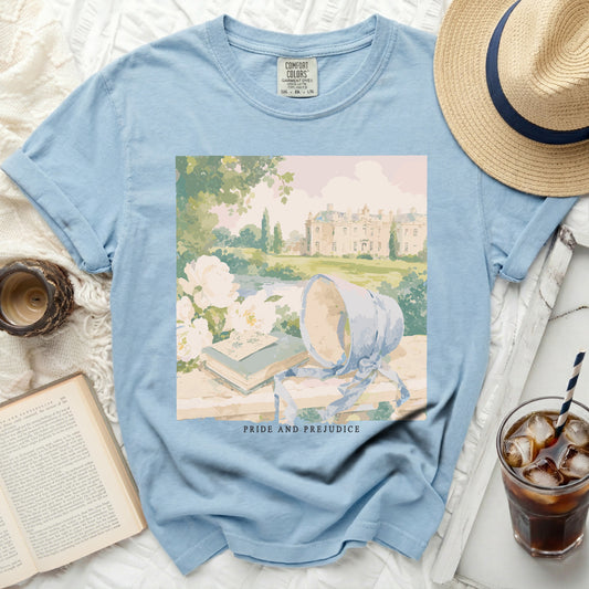 Blue t-shirt with "Pride and Prejudice" book floral art.