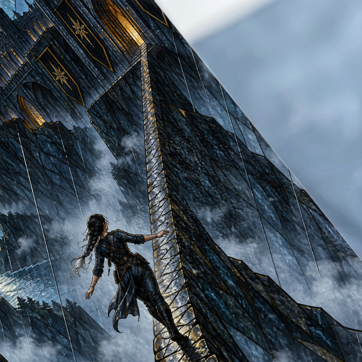 A woman with a braid clings to a dark, faceted tower with gold accents.