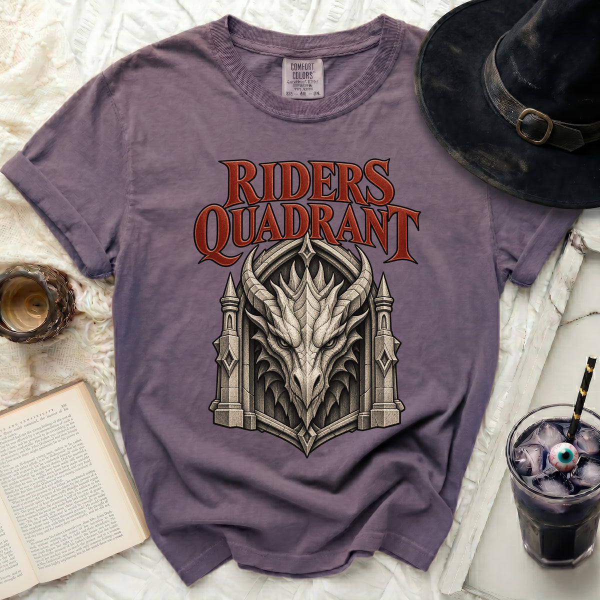 Purple t-shirt with "RIDERS QUADRANT" text and a dragon's head graphic.