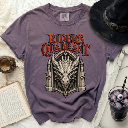 Purple t-shirt with "RIDERS QUADRANT" text and a dragon's head graphic.