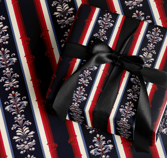 Red and Navy Striped and Floral Wrapping Paper