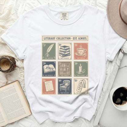 T-shirt with vintage postage stamps for "Literary Collection Est. Always."