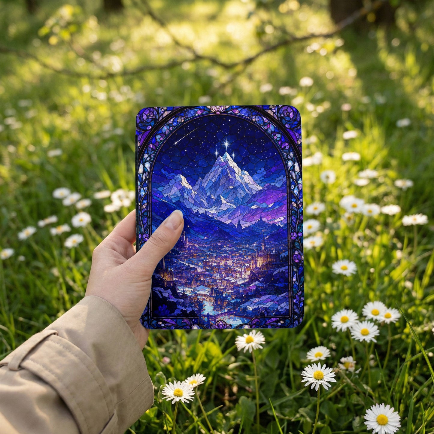 Stained glass depicting a city at the base of a starry, snow-capped mountain.