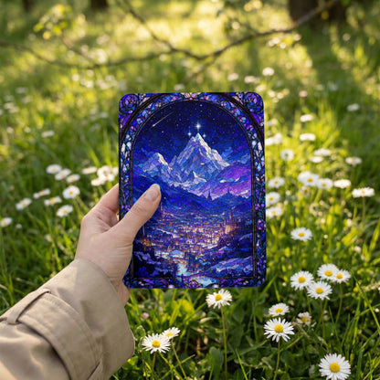 Stained glass depicting a city at the base of a starry, snow-capped mountain.