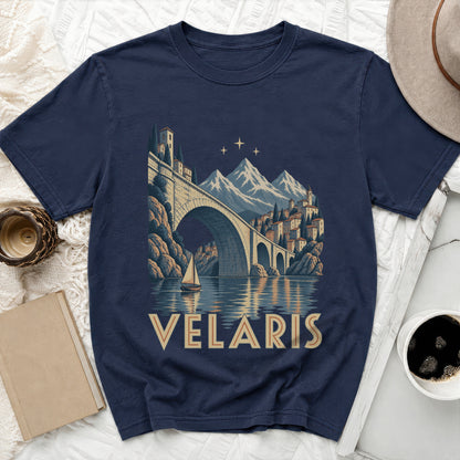 Navy t-shirt with Velaris city and mountains graphic and text.