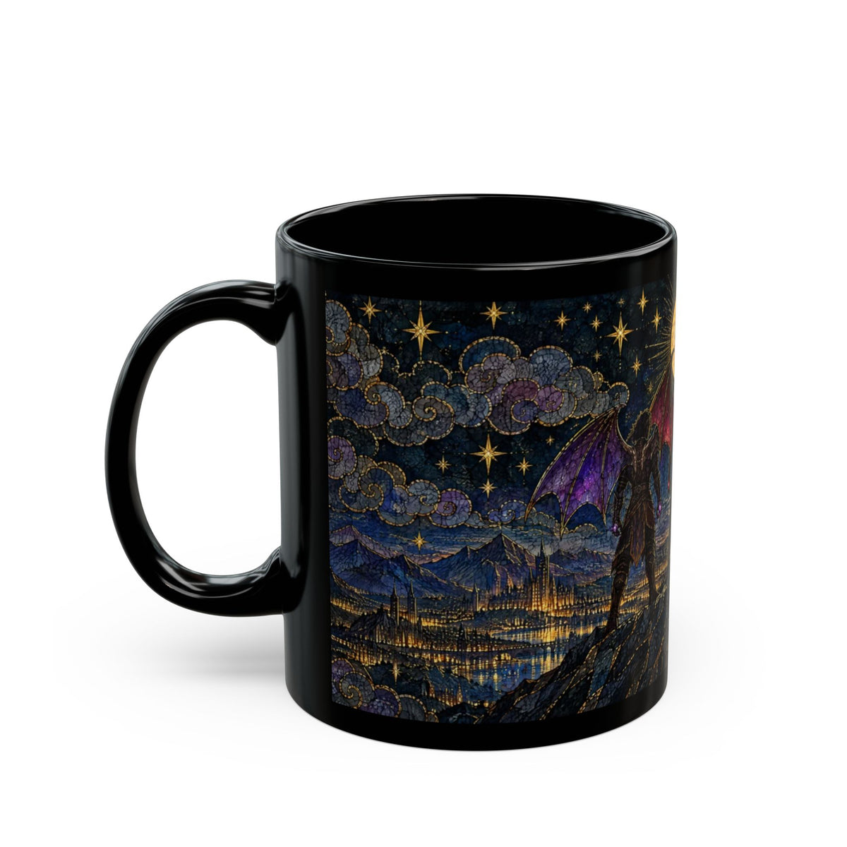 Black ceramic mug featuring a fantasy art print of a winged figure overlooking a city under a starry night sky.