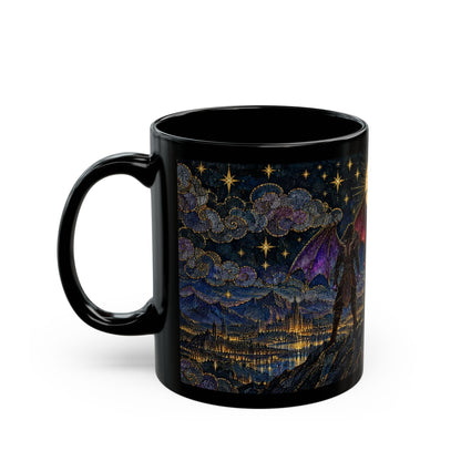 Black ceramic mug featuring a fantasy art print of a winged figure overlooking a city under a starry night sky.