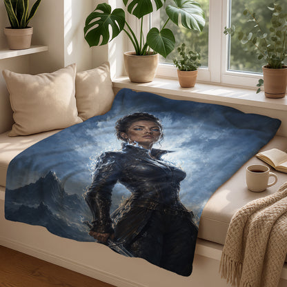 Allegorical fantasy art of a powerful woman in armor holding a sword.