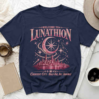 Dark blue t-shirt with "Welcome to Lunathion Crescent City Half-Fae, All Trouble" graphic.