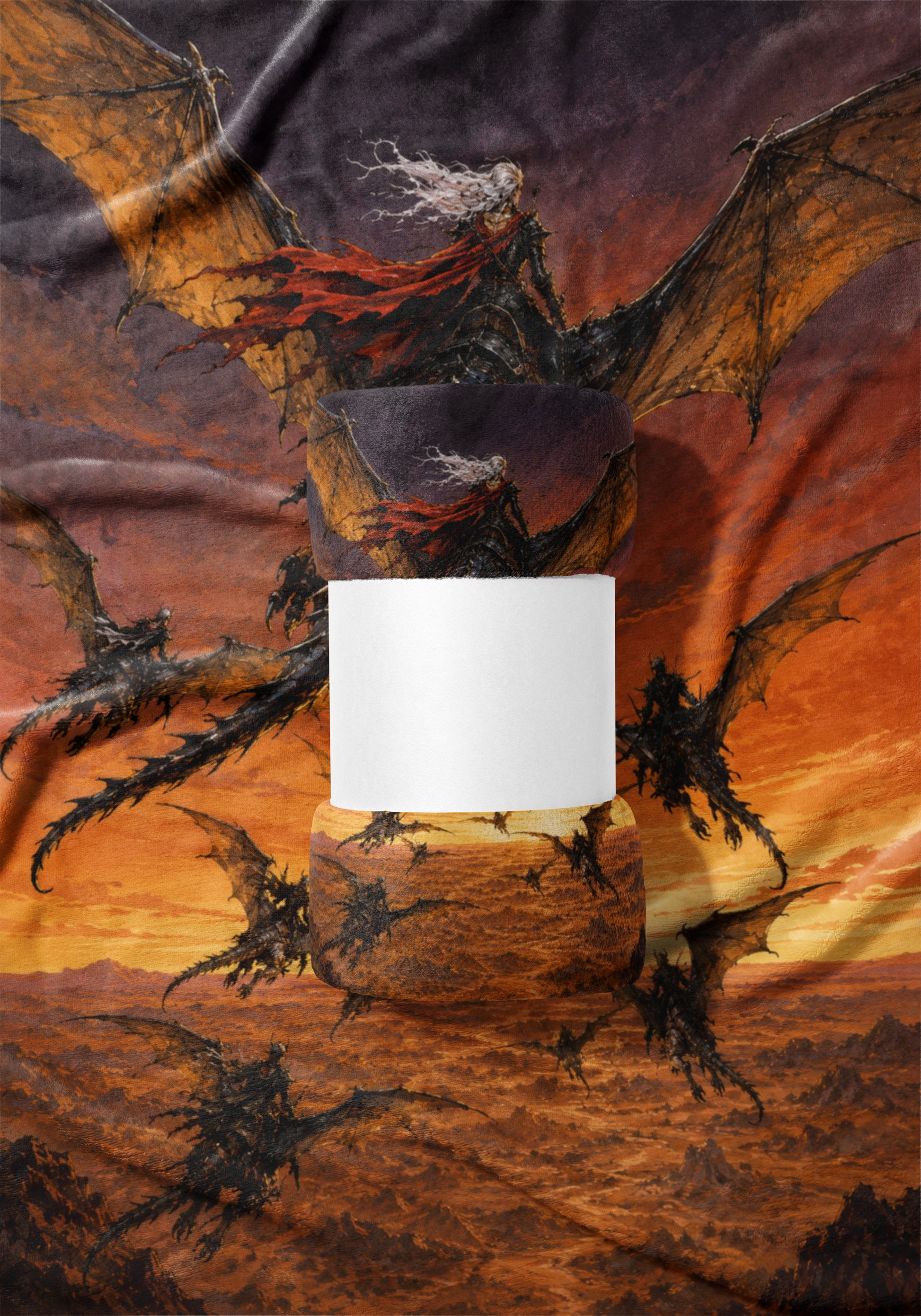Blank white label on wooden bases against dragon and rider background.