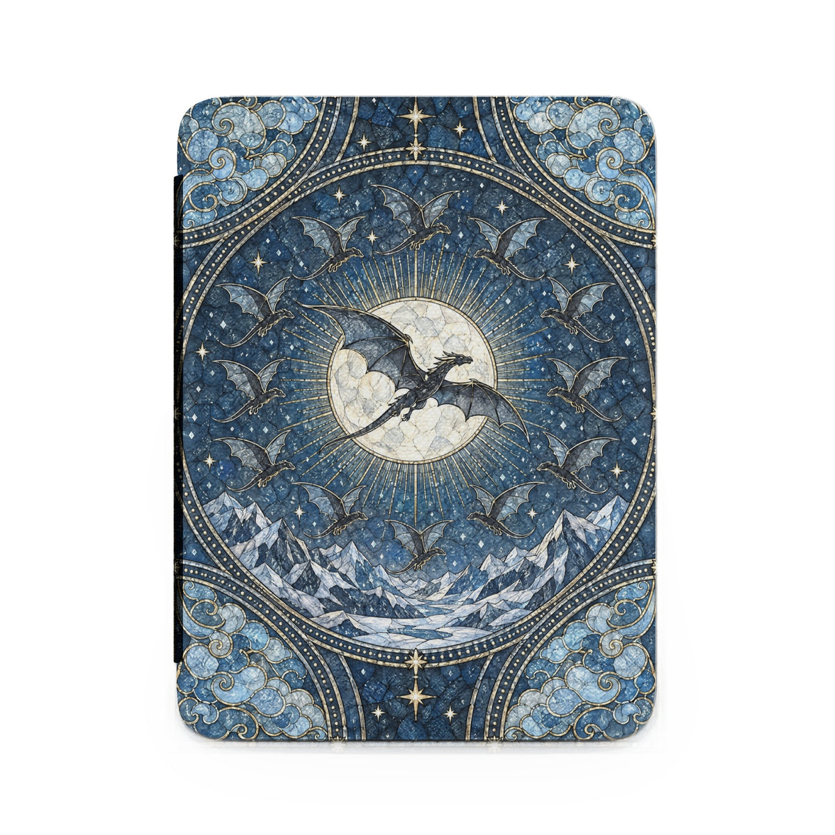 Blue protective e-reader case featuring a stained glass-style design of dragons flying around a glowing moon.