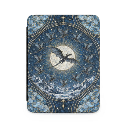 Blue protective e-reader case featuring a stained glass-style design of dragons flying around a glowing moon.