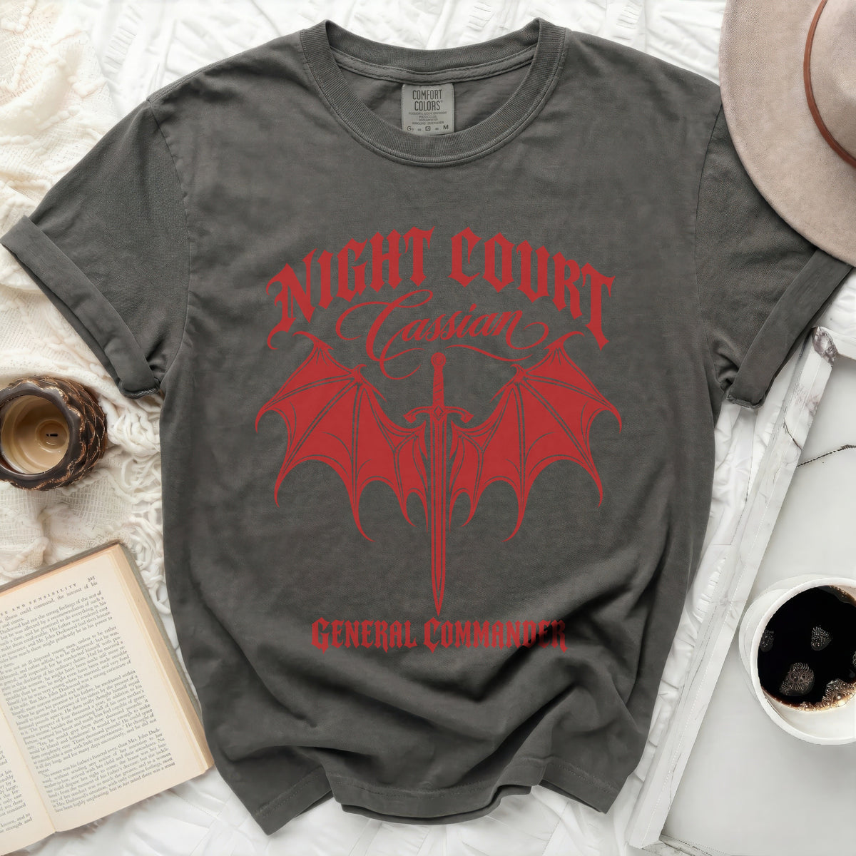Grey t-shirt with red "Night Court Cassian General Commander" text and wings design.