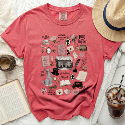 Coral t-shirt with "Pride and Prejudice" themed illustrations and text.