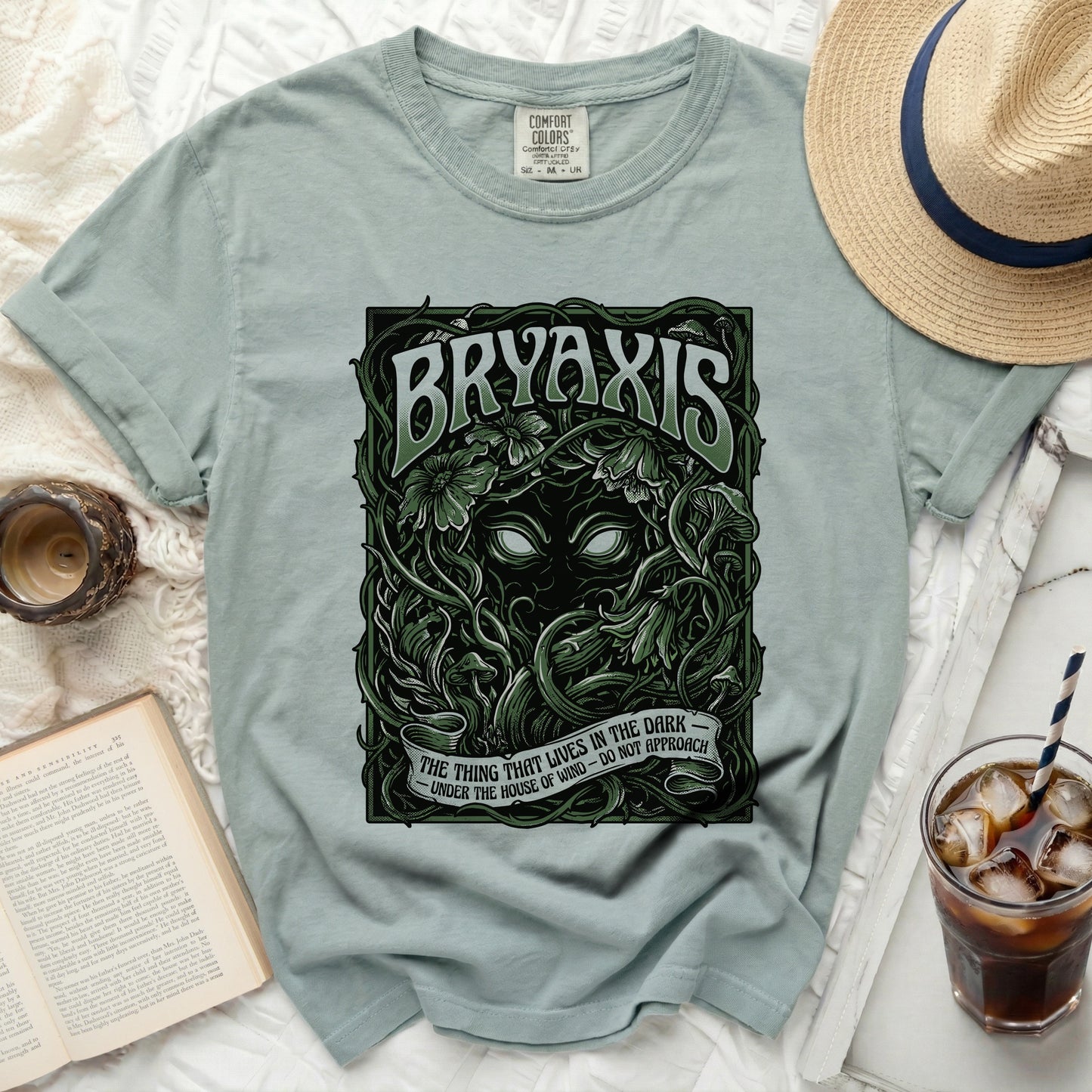 Bryaxis t-shirt with dark forest creature graphic and text.
