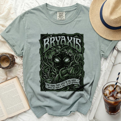 Bryaxis t-shirt with dark forest creature graphic and text.