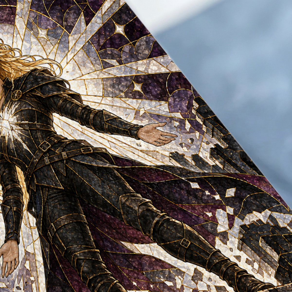 Stained glass art of a blonde figure in dark armor with a flowing cloak.
