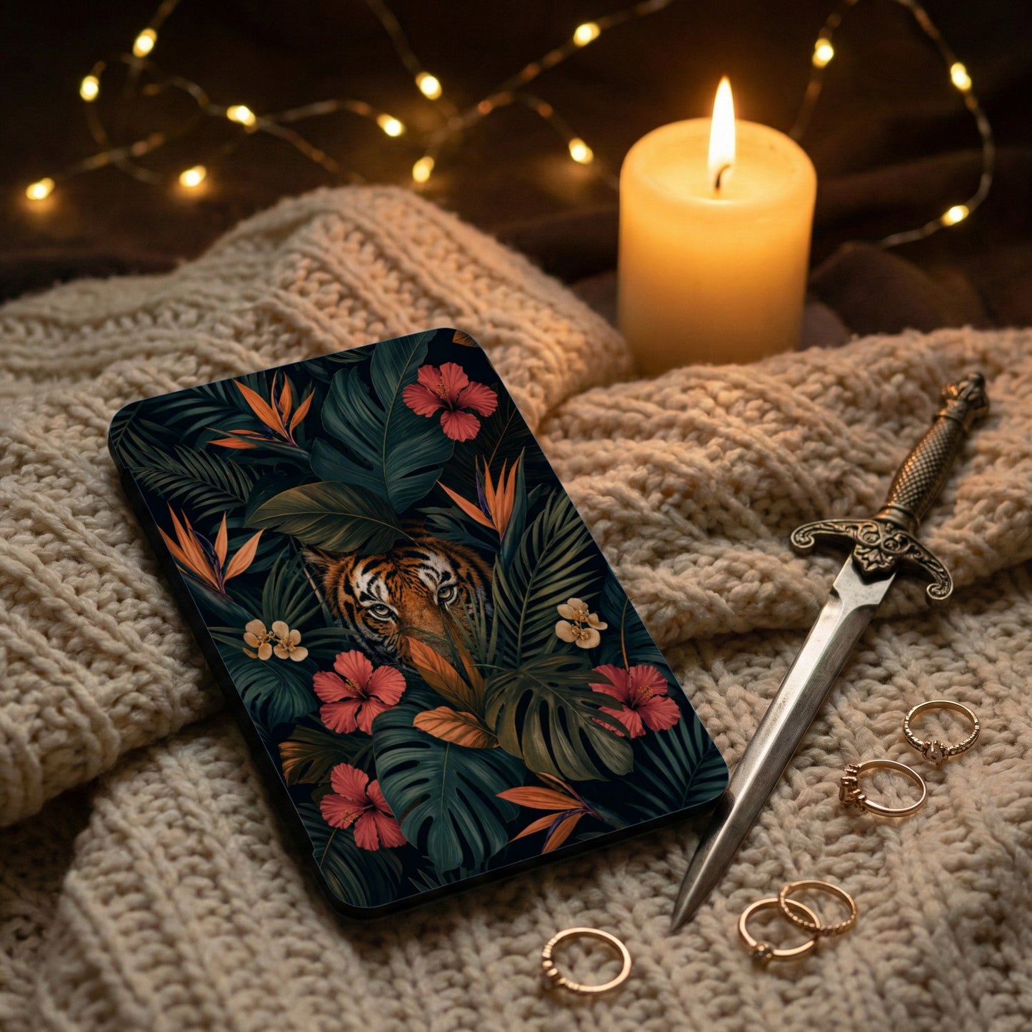 Dark floral phone case with tiger eyes surrounded by tropical leaves and flowers.