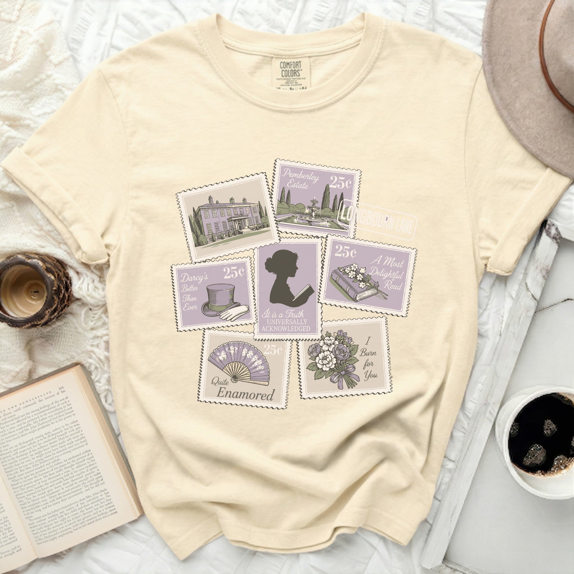 Comfort Colors t-shirt with postage stamps featuring Austen quotes and illustrations.