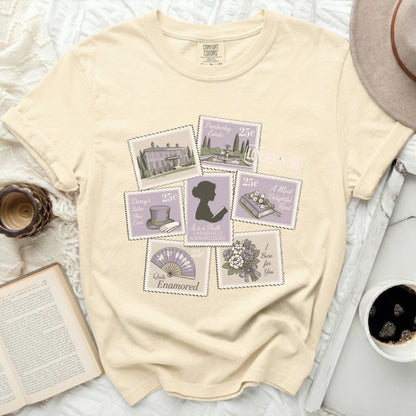 Comfort Colors t-shirt with postage stamps featuring Austen quotes and illustrations.