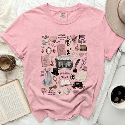Pink t-shirt with Jane Austen novel illustrations about Pride and Prejudice.