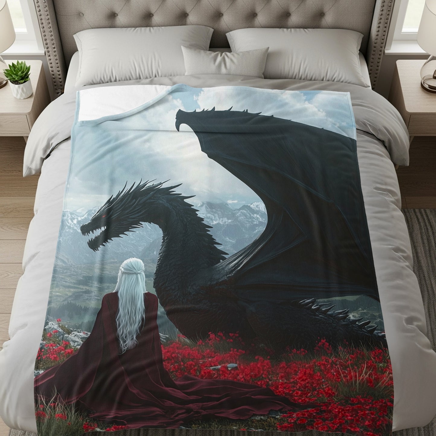 Mystical Dragon Woman and Dragon Themed Blanket