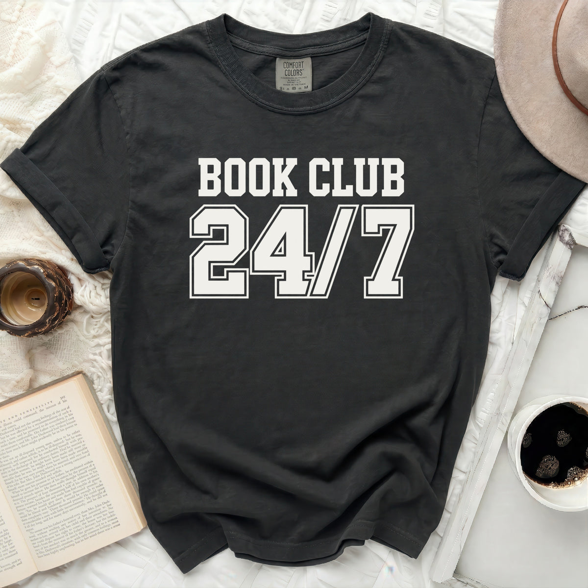 Comfort Colors dark grey t-shirt with "BOOK CLUB 24/7" graphic.