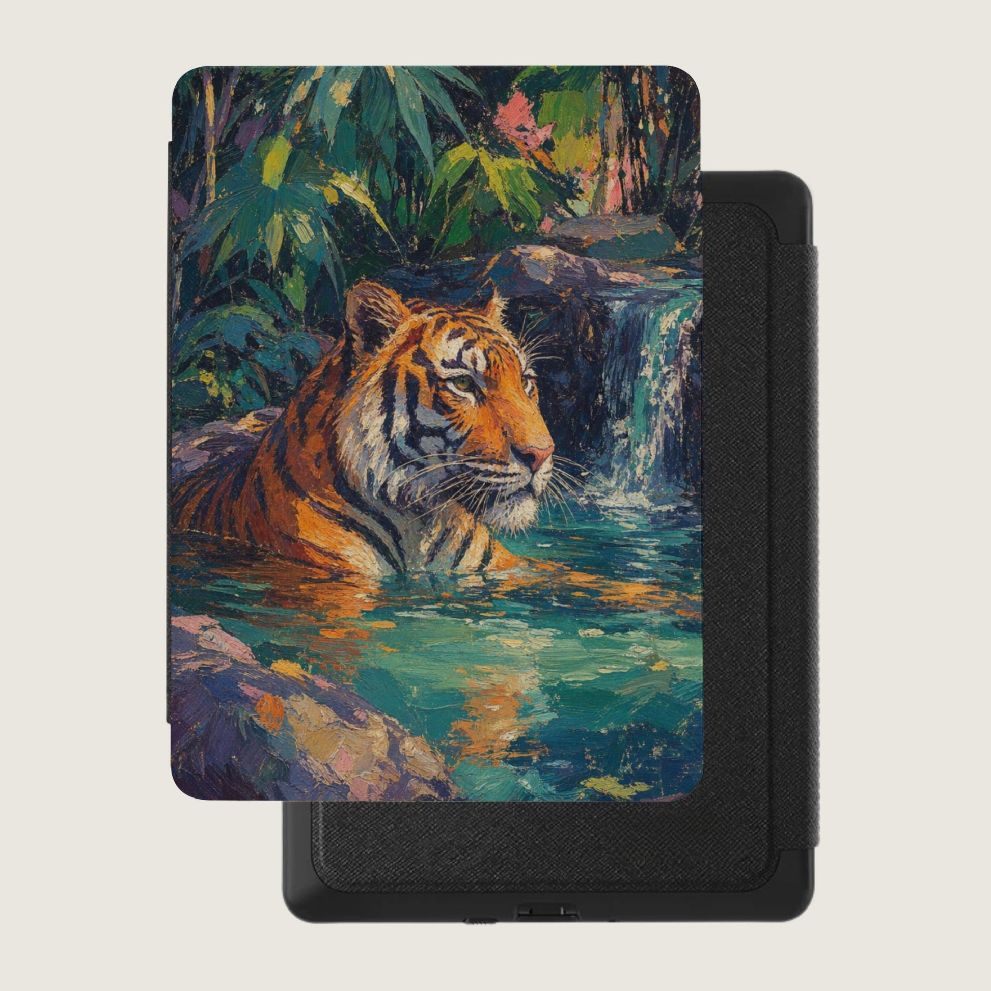 Tiger in water painting on a black e-reader case.