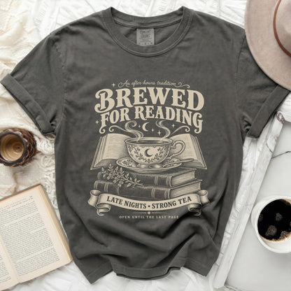 "Brewed for Reading" t-shirt with stacked books, teacup, and ribbon graphic.