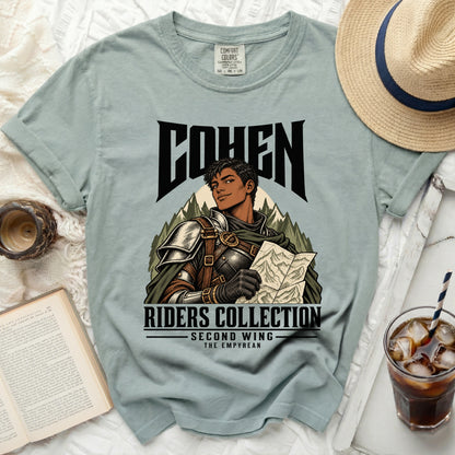 T-shirt with "COHEN RIDERS COLLECTION SECOND WING THE EMPYREAN" graphic.