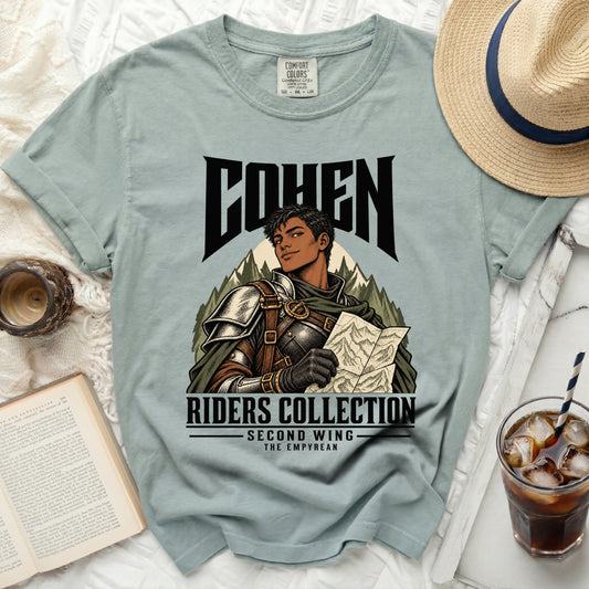 T-shirt with "COHEN RIDERS COLLECTION SECOND WING THE EMPYREAN" graphic.