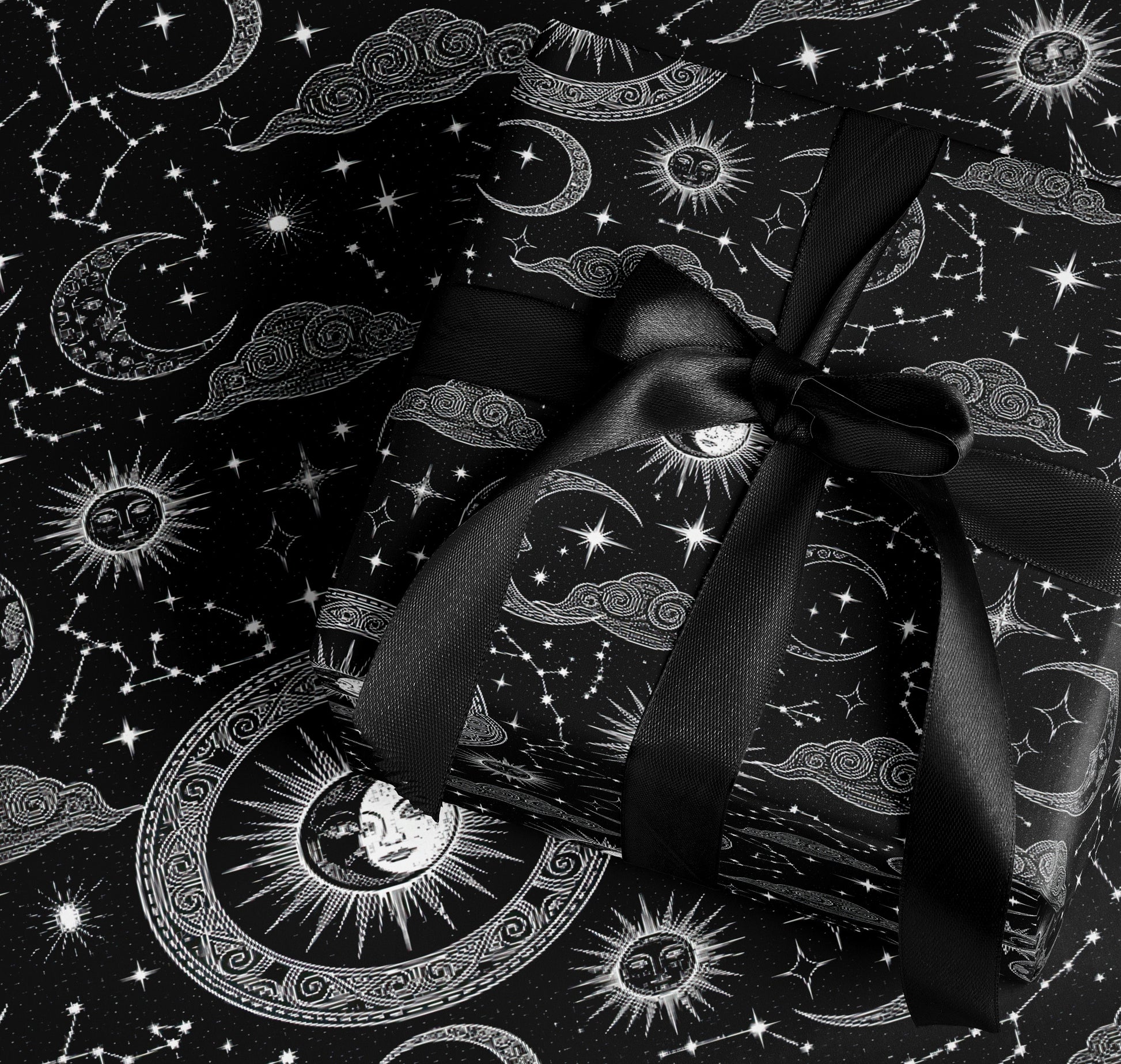Celestial Black Gift Wrap with Suns Moons Stars Patterns