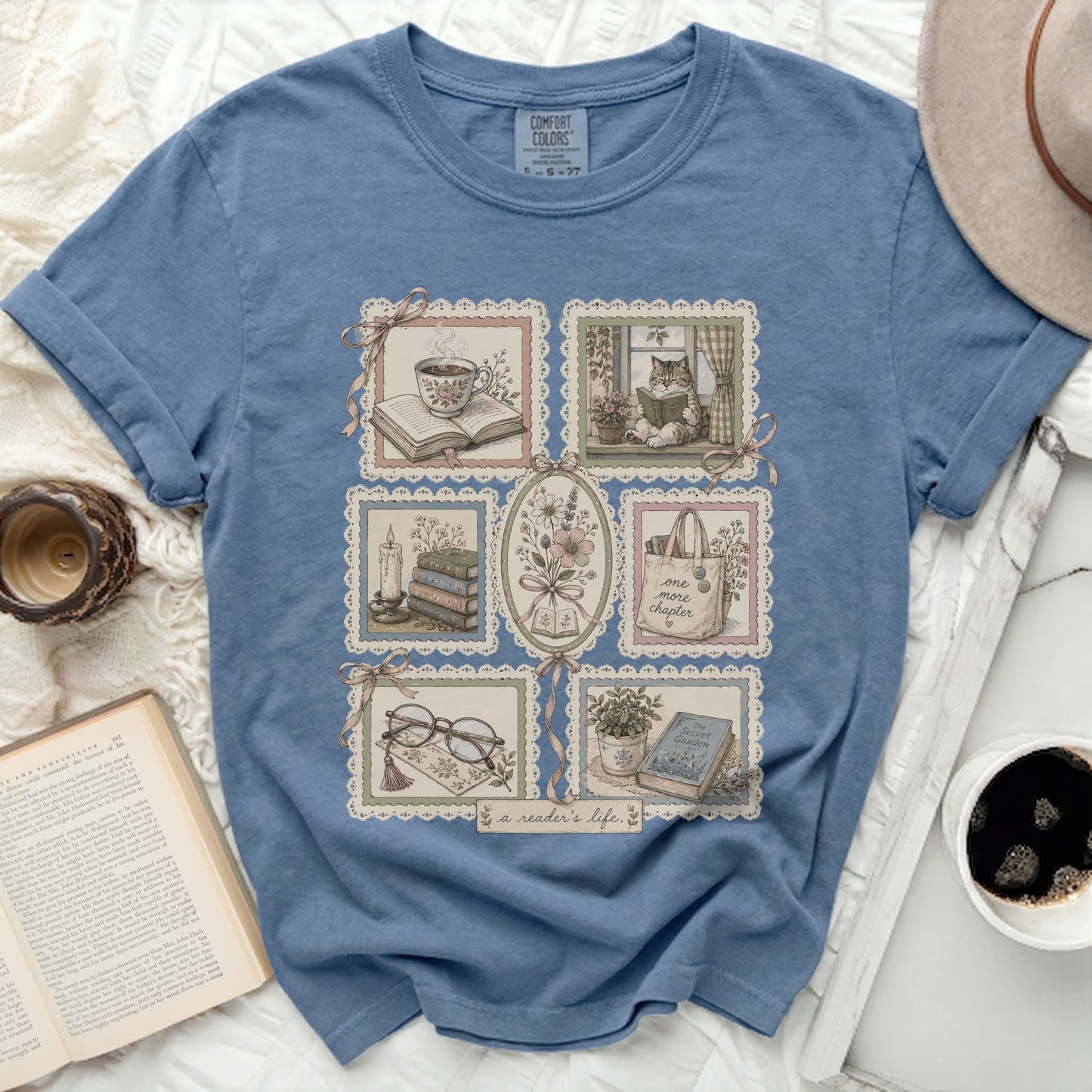 Comfort Colors t-shirt with vintage book and reading themed graphic.