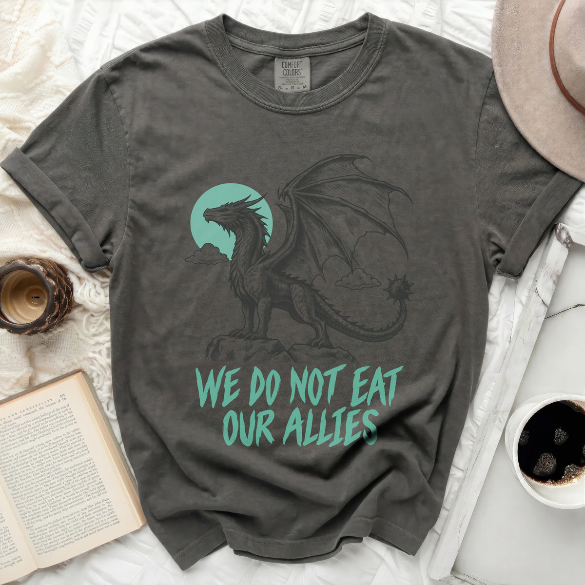 Dark gray t-shirt with a dragon graphic and "WE DO NOT EAT OUR ALLIES" text.