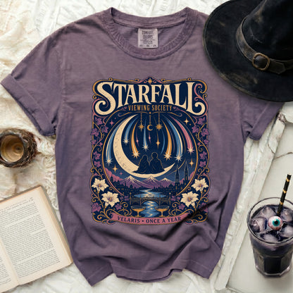 Purple t-shirt with "Starfall Viewing Society" and celestial art.