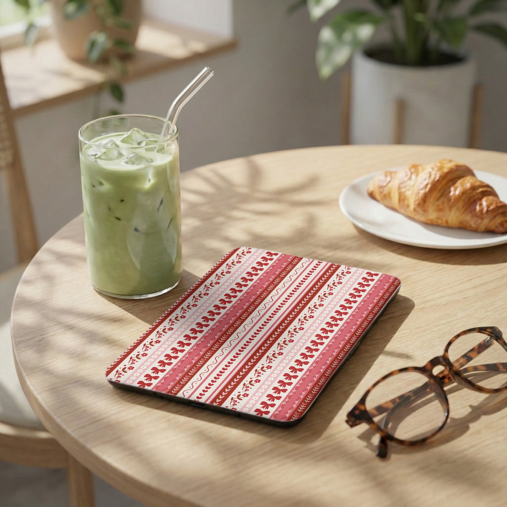 Red and White Patterned Tablet Sleeve with Floral Accents