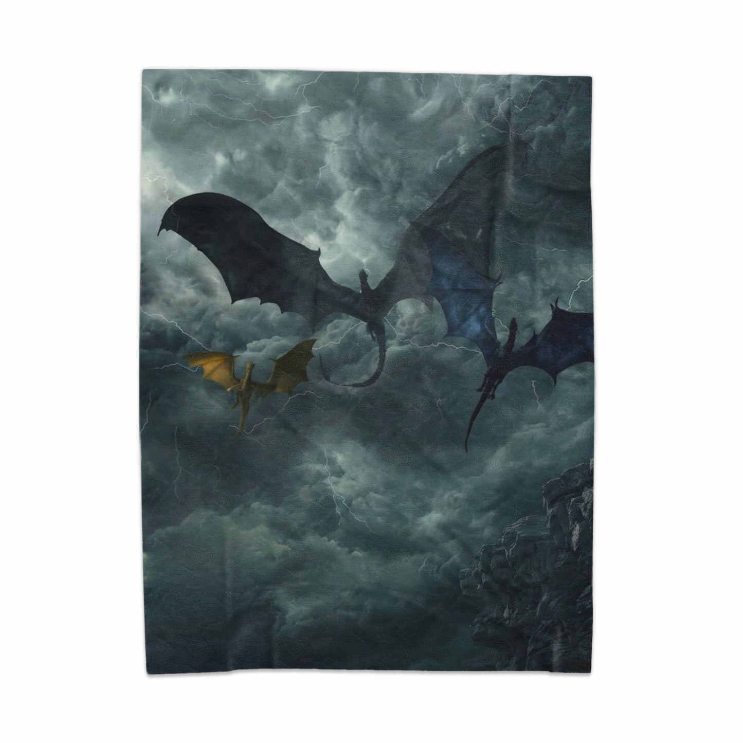 Mystical Dragons Soar Above Stormy Clouds Artwork
