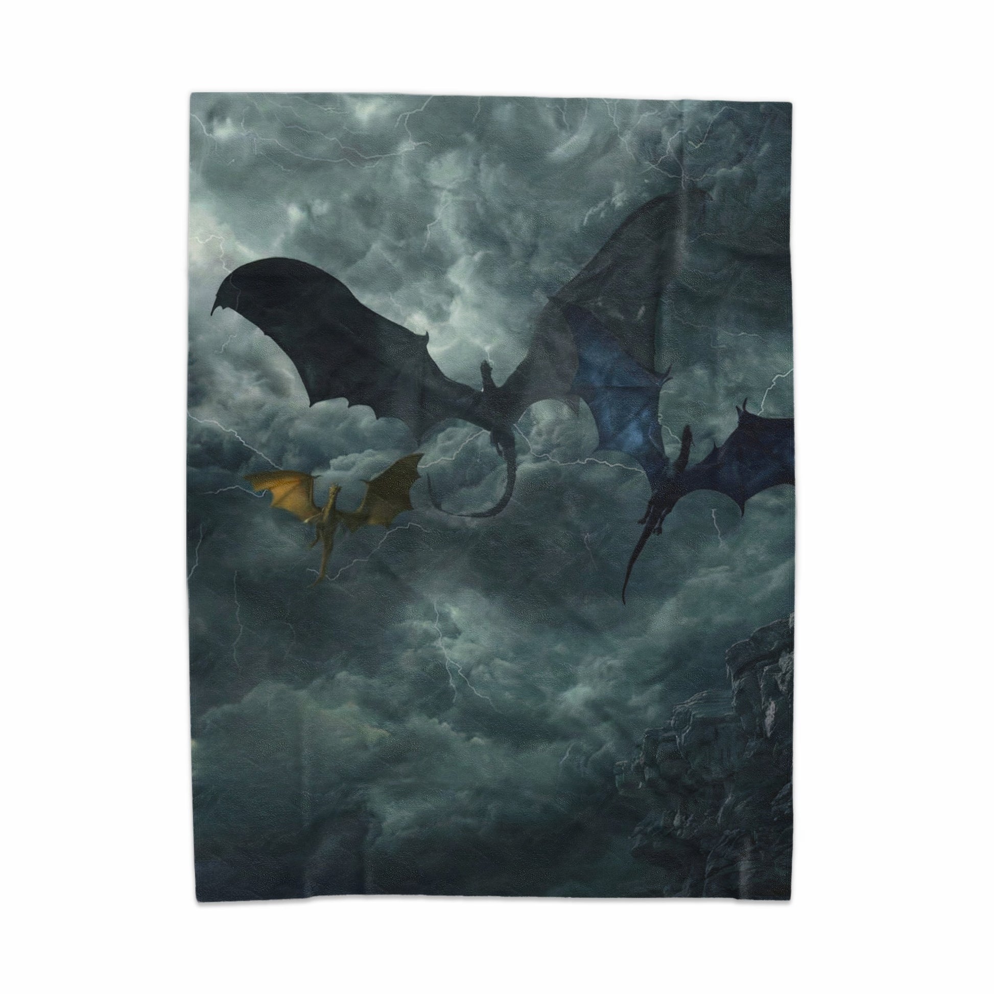 Mystical Dragons Soar Above Stormy Clouds Artwork