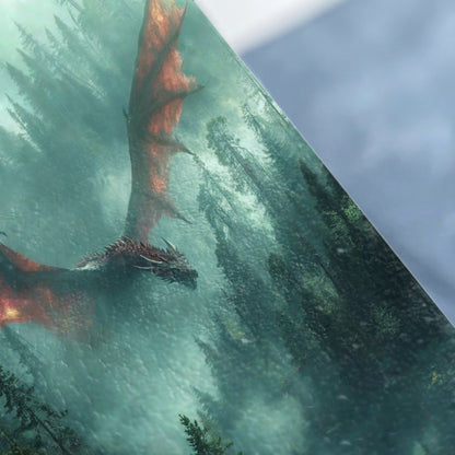 Red winged dragon soaring misty forest pines product type