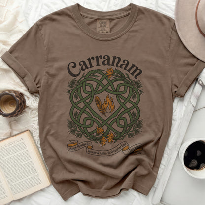 Brown t-shirt with "Carranam" and Celtic knot design, feathers, and flames.