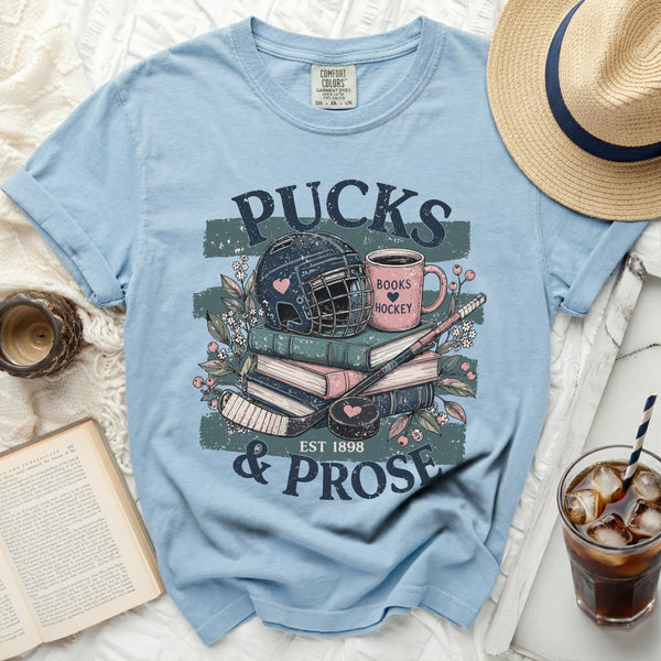 Pucks & Prose Literary Hockey Tee in Chambray