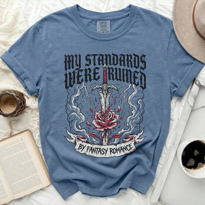 Blue t-shirt with "My Standards Were Ruined By Fantasy Romance" text.