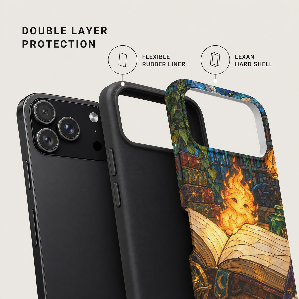 A disassembled smartphone case featuring a flexible rubber liner and a printed Lexan hard shell.